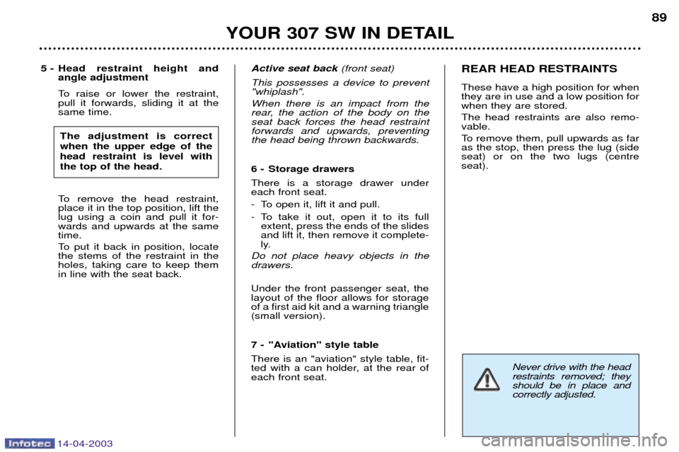 Peugeot 307 SW 2003 Owners Manual 14-04-2003
Never drive with the head restraints removed; theyshould be in place andcorrectly adjusted.
5 - Head restraint height andangle adjustment
To raise or lower the restraint, pull it forwards, Peugeot 307 SW 2003 Owners Manual 14-04-2003
Never drive with the head restraints removed; theyshould be in place andcorrectly adjusted.
5 - Head restraint height andangle adjustment
To raise or lower the restraint, pull it forwards,