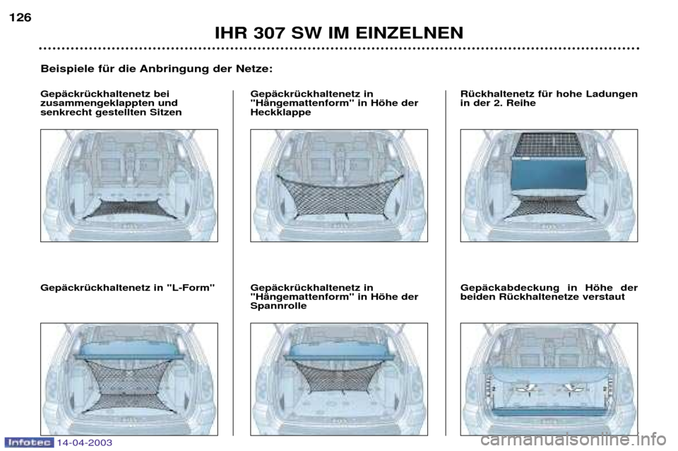 Peugeot 307 SW 2003  Betriebsanleitung (in German) 14-04-2003
IHR 307 SW IM EINZELNEN
126
Beispiele fŸr die Anbringung der Netze:
GepŠckrŸckhaltenetz bei zusammengeklappten undsenkrecht gestellten Sitzen GepŠckrŸckhaltenetz in"HŠngemattenform" i