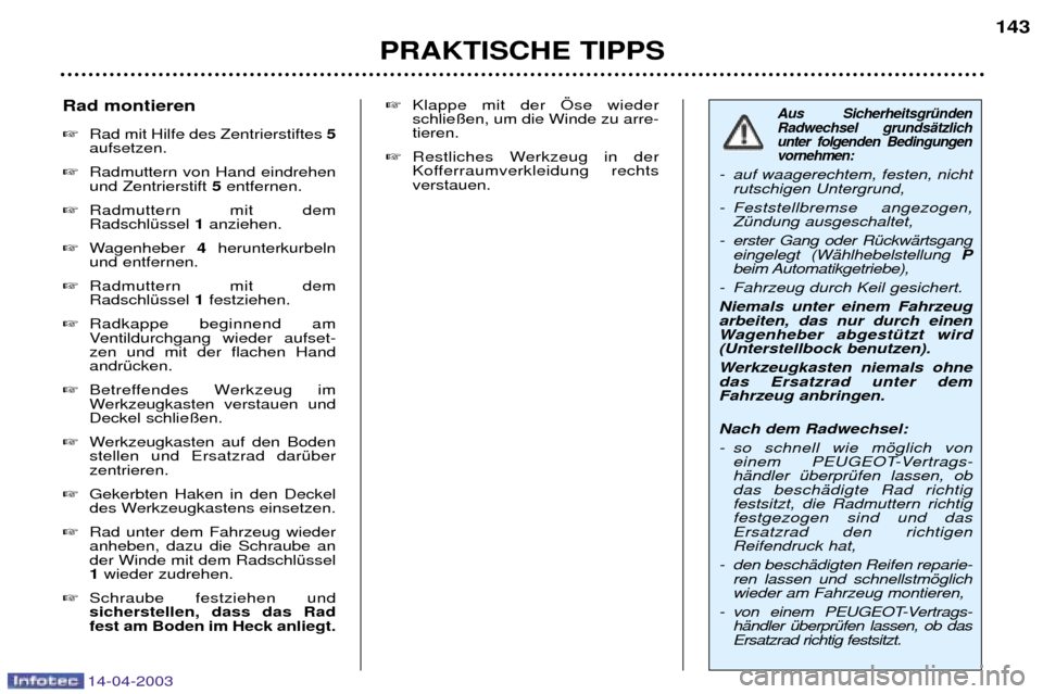 Peugeot 307 SW 2003 Betriebsanleitung (in German) 14-04-2003
PRAKTISCHE TIPPS143
Aus SicherheitsgrŸnden Radwechsel grundsŠtzlichunter folgenden Bedingungenvornehmen:
- auf waagerechtem, festen, nicht
rutschigen Untergrund,
- Feststellbremse angez Peugeot 307 SW 2003 Betriebsanleitung (in German) 14-04-2003
PRAKTISCHE TIPPS143
Aus SicherheitsgrŸnden Radwechsel grundsŠtzlichunter folgenden Bedingungenvornehmen:
- auf waagerechtem, festen, nicht
rutschigen Untergrund,
- Feststellbremse angez
