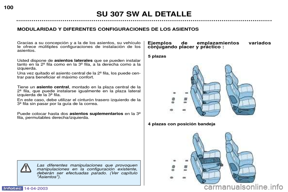 Peugeot 307 SW 2003  Manual del propietario (in Spanish) 14-04-2003
5 plazas 4 plazas con posici—n bandeja
MODULARIDAD Y DIFERENTES CONFIGURACIONES DE LOS ASIENTOS
SU 307 SW AL DETALLE
100
Gracias a su concepci—n y a la de los asientos, su veh’culo le