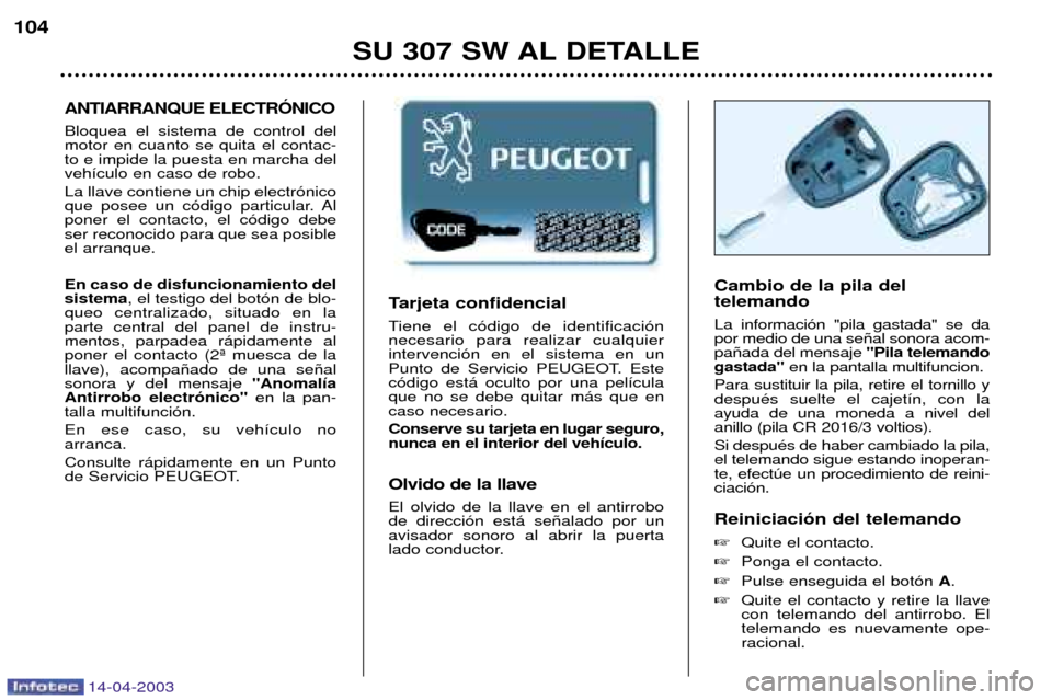 Peugeot 307 SW 2003  Manual del propietario (in Spanish) 14-04-2003
Tarjeta confidencial 
Tiene el c—digo de identificaci—n necesario para realizar cualquierintervenci—n en el sistema en un
Punto de Servicio PEUGEOT. Estec—digo est‡ oculto por una