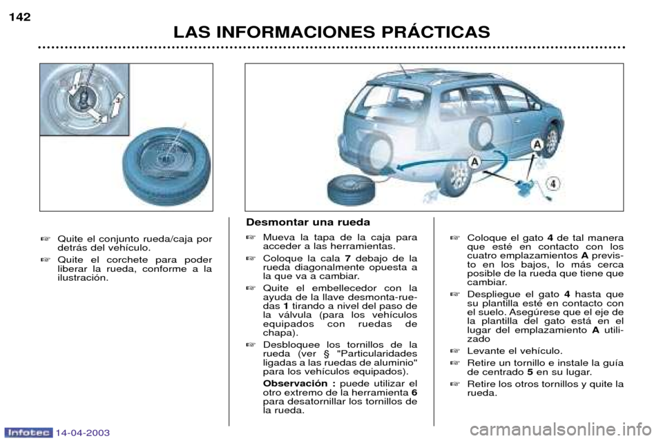Peugeot 307 SW 2003 Manual del propietario (in Spanish) 14-04-2003
Coloque el gato 4de tal manera
que estŽ en contacto con los cuatro emplazamientos Aprevis-
to en los bajos, lo m‡s cercaposible de la rueda que tiene que
cambiar.
Despliegue el gato Peugeot 307 SW 2003 Manual del propietario (in Spanish) 14-04-2003
Coloque el gato 4de tal manera
que estŽ en contacto con los cuatro emplazamientos Aprevis-
to en los bajos, lo m‡s cercaposible de la rueda que tiene que
cambiar.
Despliegue el gato