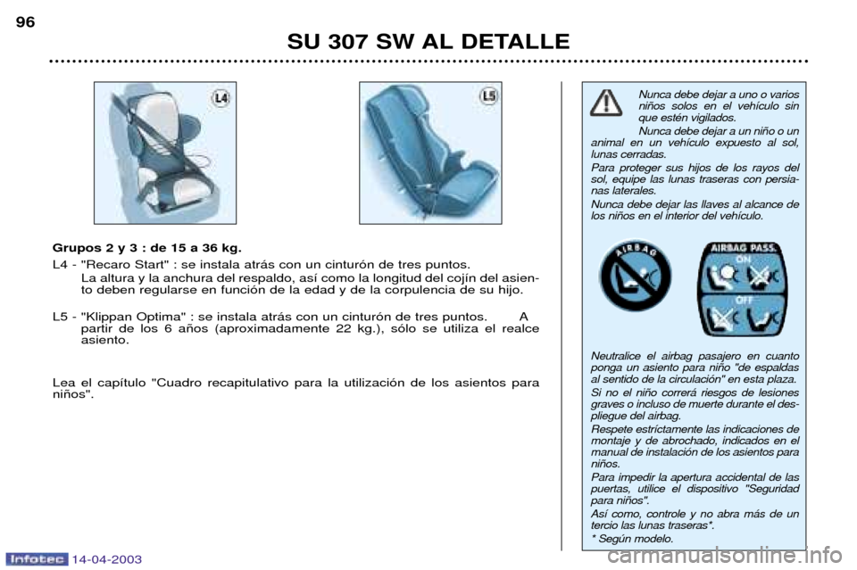 Peugeot 307 SW 2003  Manual del propietario (in Spanish) 14-04-2003
SU 307 SW AL DETALLE
96
Nunca debe dejar a uno o varios ni–os solos en el veh’culo sinque estŽn vigilados. Nunca debe dejar a un ni–o o un
animal en un veh’culo expuesto al sol, lu