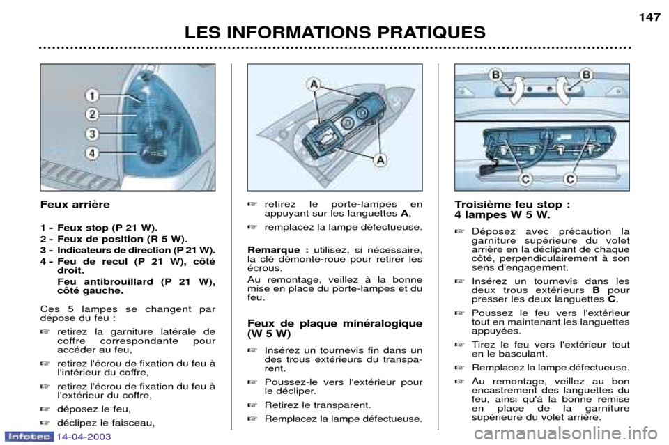 Peugeot 307 SW 2003 Manuel du propriétaire (in French) 14-04-2003
LES INFORMATIONS PRATIQUES147
Troisi
4 lampes W 5 W. DŽposez avec prŽcaution la garniture supŽrieure du voletarric™tŽ, perpendiculairement ˆ sonsens dengagement.
InsŽrez un t Peugeot 307 SW 2003 Manuel du propriétaire (in French) 14-04-2003
LES INFORMATIONS PRATIQUES147
Troisi
4 lampes W 5 W. DŽposez avec prŽcaution la garniture supŽrieure du voletarric™tŽ, perpendiculairement ˆ sonsens dengagement.
InsŽrez un t