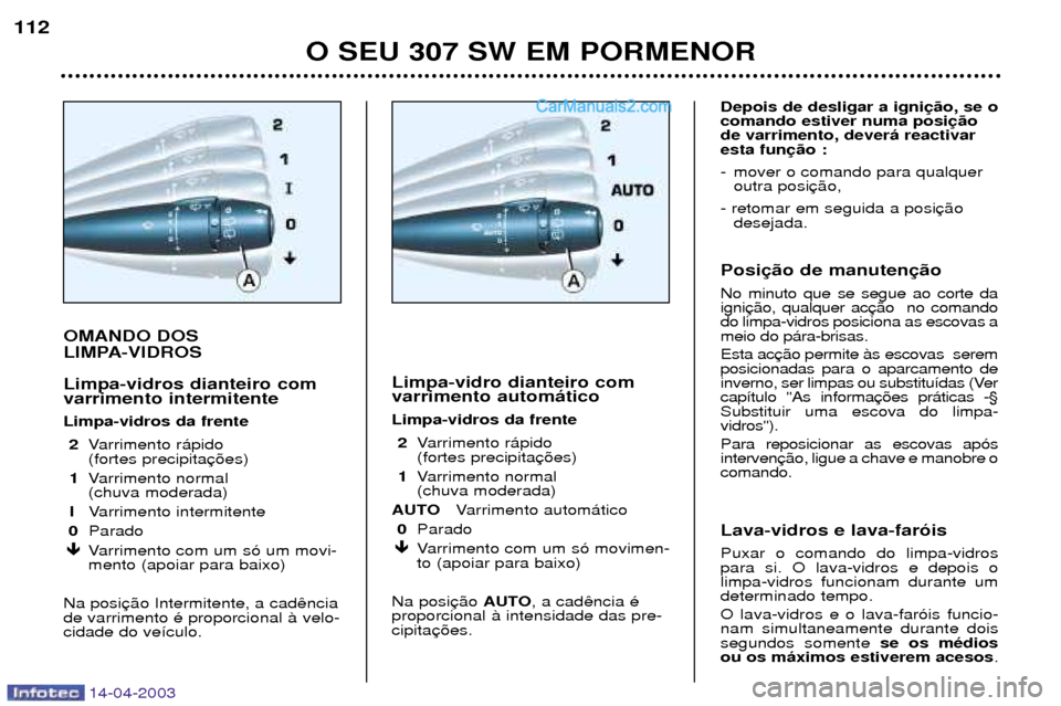 Peugeot 307 SW 2003 Manual do proprietário (in Portuguese) 14-04-2003
OMANDO DOS
LIMPA-VIDROS Limpa-vidros dianteiro com varrimento intermitente Limpa-vidros da frente2 Varrimento r‡pido (fortes precipita
1 Varrimento normal (chuva moderada)
I Varrimento Peugeot 307 SW 2003 Manual do proprietário (in Portuguese) 14-04-2003
OMANDO DOS
LIMPA-VIDROS Limpa-vidros dianteiro com varrimento intermitente Limpa-vidros da frente2 Varrimento r‡pido (fortes precipita
1 Varrimento normal (chuva moderada)
I Varrimento