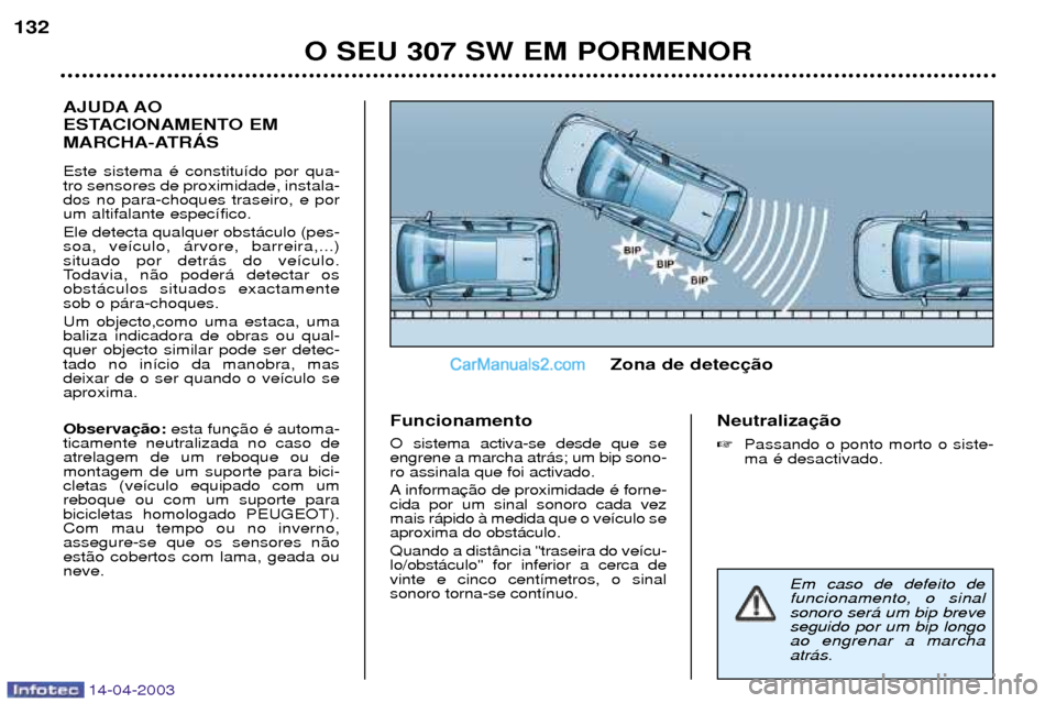 Peugeot 307 SW 2003  Manual do proprietário (in Portuguese) 14-04-2003
AJUDA AO 
ESTACIONAMENTO EM
MARCHA-ATRçS Este sistema Ž constitu’do por qua- tro sensores de proximidade, instala-dos no para-choques traseiro, e porum altifalante espec’fico. Ele det
