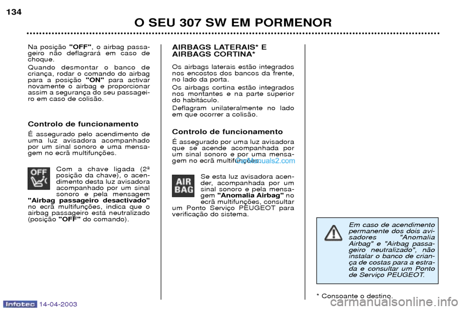 Peugeot 307 SW 2003 Manual do proprietário (in Portuguese) 14-04-2003
Na posi"OFF", o airbag passa-
geiro n‹o deflagrar‡ em caso de choque. Quando desmontar o banco de crianpara a posi "ON"para activar
novamente o airbag e proporcionarassim a seguranro em Peugeot 307 SW 2003 Manual do proprietário (in Portuguese) 14-04-2003
Na posi"OFF", o airbag passa-
geiro n‹o deflagrar‡ em caso de choque. Quando desmontar o banco de crianpara a posi "ON"para activar
novamente o airbag e proporcionarassim a seguranro em