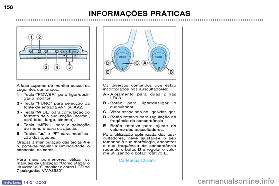 Peugeot 307 SW 2003 Manual do proprietário (in Portuguese) 14-04-2003
Os diversos comandos que est‹o incorporados nos auscultadores: A-Alojamento para duas pilhas LR03.
B - Bot‹o para ligar/desligar o
auscultador.
C - Visor associado ao ligar/desligar.
D Peugeot 307 SW 2003 Manual do proprietário (in Portuguese) 14-04-2003
Os diversos comandos que est‹o incorporados nos auscultadores: A-Alojamento para duas pilhas LR03.
B - Bot‹o para ligar/desligar o
auscultador.
C - Visor associado ao ligar/desligar.
D