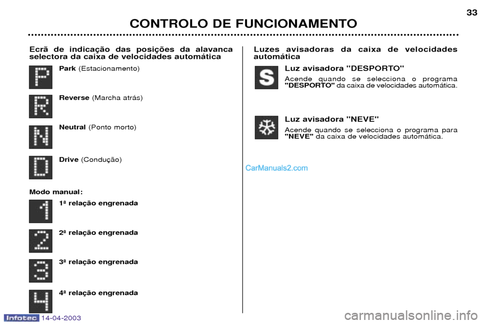Peugeot 307 SW 2003  Manual do proprietário (in Portuguese) Luz avisadora "DESPORTO"  Acende quando se selecciona o programa 
"DESPORTO" da caixa de velocidades autom‡tica.
Luz avisadora "NEVE" Acende quando se selecciona o programa para "NEVE"  da caixa de 
