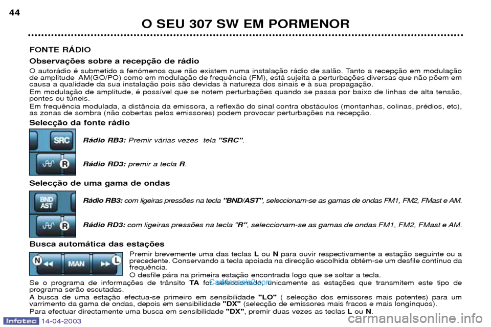 Peugeot 307 SW 2003  Manual do proprietário (in Portuguese) 14-04-2003
FONTE RçDIO Observa 
O autor‡dio Ž submetido a fen—menos que n‹o existem numa instala 
de amplitude  AM(GO/PO) como em modulacausa a qualidade da sua instala Em modula pontes ou tœ