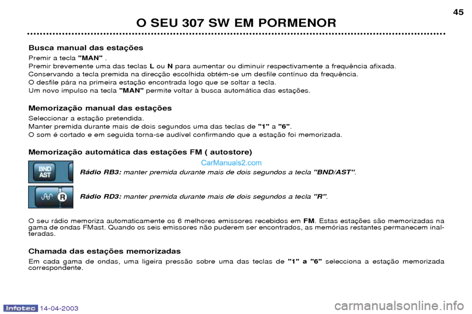 Peugeot 307 SW 2003  Manual do proprietário (in Portuguese) 14-04-2003
Busca manual das esta Premir a tecla "MAN".
Premir brevemente uma das teclas Lou  Npara aumentar ou diminuir respectivamente a frequ
Conservando a tecla premida na direc O desfile p‡ra na
