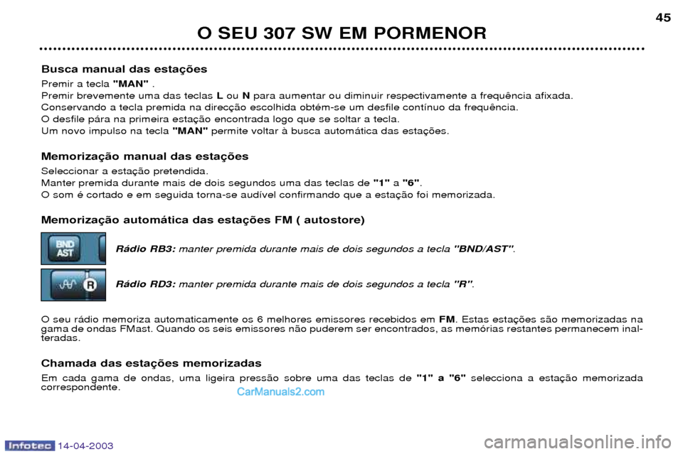 Peugeot 307 SW 2003  Manual do proprietário (in Portuguese) 14-04-2003
Busca manual das esta Premir a tecla "MAN".
Premir brevemente uma das teclas Lou  Npara aumentar ou diminuir respectivamente a frequ
Conservando a tecla premida na direc O desfile p‡ra na