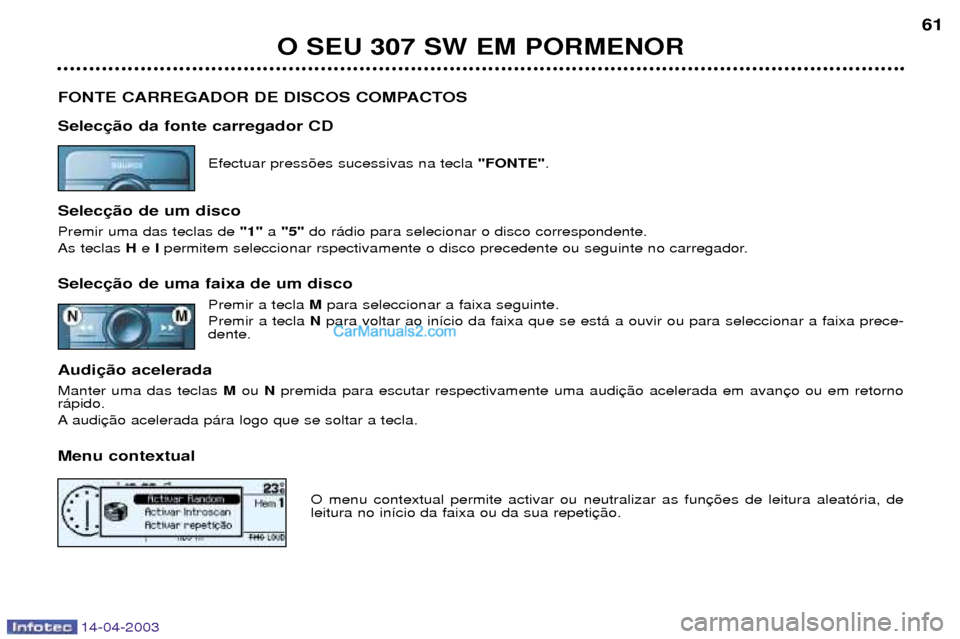 Peugeot 307 SW 2003  Manual do proprietário (in Portuguese) 14-04-2003
O SEU 307 SW EM PORMENOR61
FONTE CARREGADOR DE DISCOS COMPACTOS Selec Efectuar press›es sucessivas na tecla  "FONTE".
Selec Premir uma das teclas de  "1"a "5" do r‡dio para selecionar o