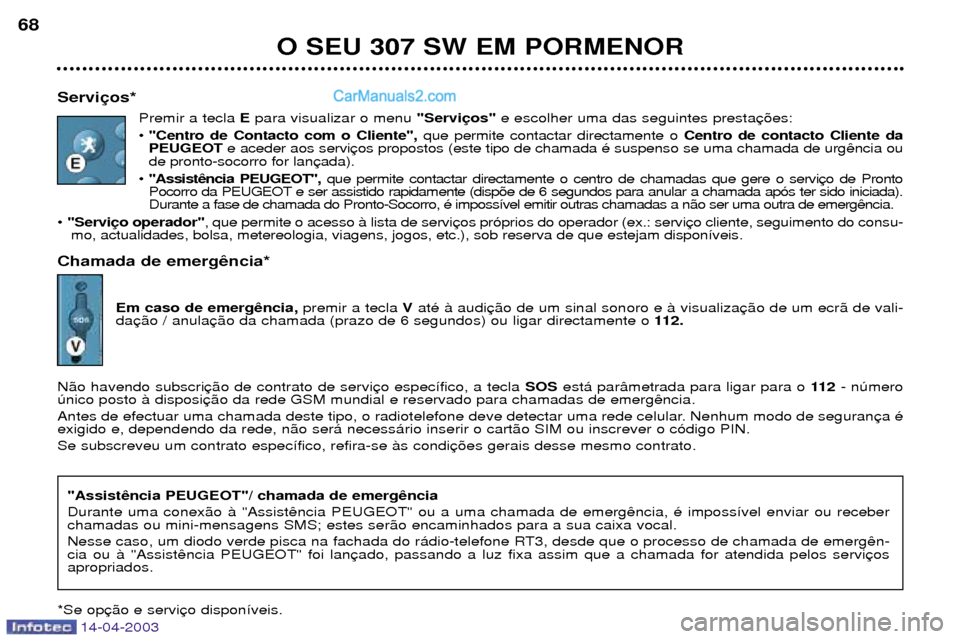 Peugeot 307 SW 2003  Manual do proprietário (in Portuguese) 14-04-2003
O SEU 307 SW EM PORMENOR
68
Servi Premir a tecla  Epara visualizar o menu  "Servie escolher uma das seguintes presta
¥  "Centro de Contacto com o Cliente", que permite contactar directamen