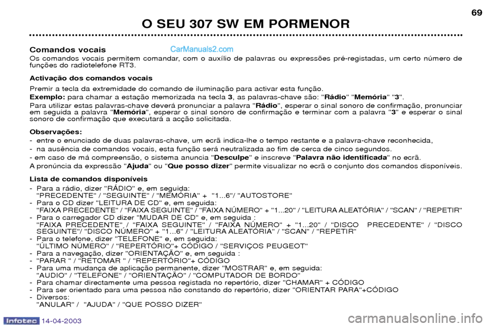 Peugeot 307 SW 2003  Manual do proprietário (in Portuguese) 14-04-2003
O SEU 307 SW EM PORMENOR69
Comandos vocais 
Os comandos vocais permitem comandar, com o aux’lio de palavras ou express›es prŽ-registadas, um certo nœmero de 
fun Activa Premir a tecla