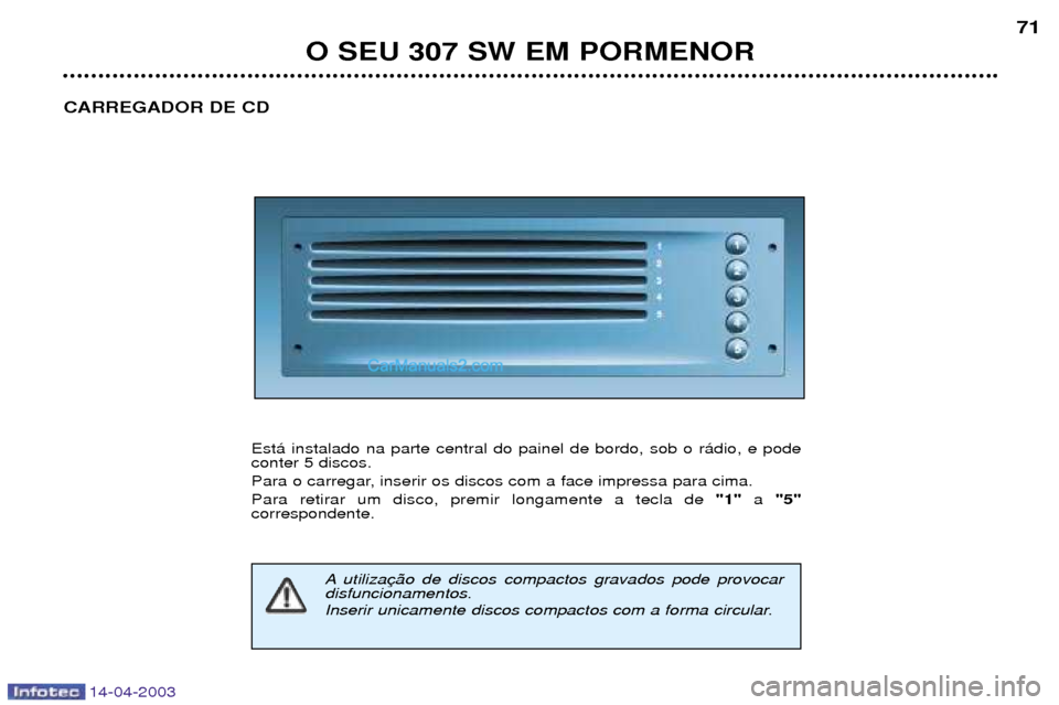 Peugeot 307 SW 2003  Manual do proprietário (in Portuguese) 14-04-2003
O SEU 307 SW EM PORMENOR71
CARREGADOR DE CD
Est‡ instalado na parte central do painel de bordo, sob o r‡dio, e pode conter 5 discos. 
Para o carregar, inserir os discos com a face impre