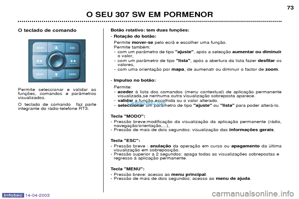 Peugeot 307 SW 2003 Manual do proprietário (in Portuguese) 14-04-2003
O SEU 307 SW EM PORMENOR73
Bot‹o rotativo: tem duas fun - Rota
Permite mover-se pelo ecr‹ e escolher uma fun
Permite tambŽm: - com um par‰metro de tipo "ajuste", ap—s a selec aum Peugeot 307 SW 2003 Manual do proprietário (in Portuguese) 14-04-2003
O SEU 307 SW EM PORMENOR73
Bot‹o rotativo: tem duas fun - Rota
Permite mover-se pelo ecr‹ e escolher uma fun
Permite tambŽm: - com um par‰metro de tipo "ajuste", ap—s a selec aum
