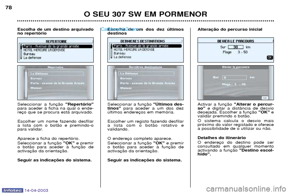 Peugeot 307 SW 2003  Manual do proprietário (in Portuguese) 14-04-2003
O SEU 307 SW EM PORMENOR
78
Seleccionar a fun "Repert—rio"
para aceder ˆ ficha na qual o ende- re Escolher um nome fazendo desfilar a lista com o bot‹o e premindo-o
para validar. Apare