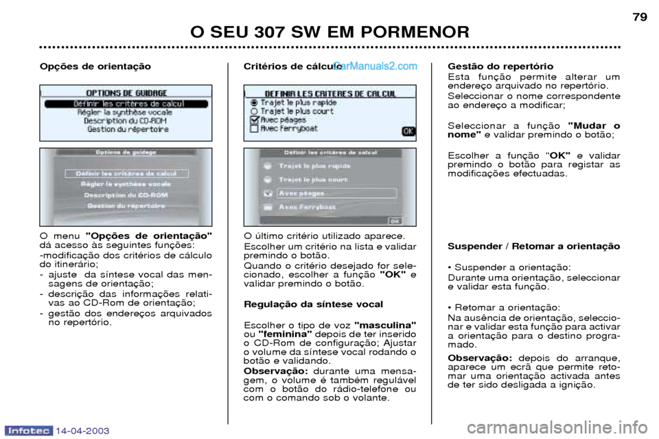 Peugeot 307 SW 2003  Manual do proprietário (in Portuguese) 14-04-2003
O SEU 307 SW EM PORMENOR79
O menu  "Op
d‡ acesso ˆs seguintes fun -modifica do itiner‡rio;   
- ajuste  da s’ntese vocal das men- sagens de orienta
- descri vas ao CD-Rom de orienta

