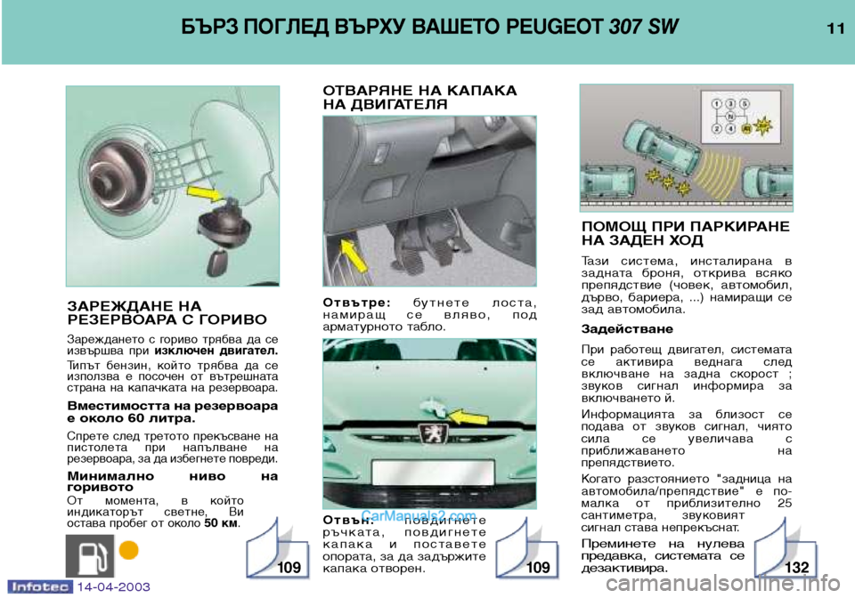 Peugeot 307 SW 2003 Ръководство за експлоатация (in Bulgarian) ПОМОЩ ПРИ ПАРКИРАНЕ
НА ЗАДЕН ХОД
Тази система, инсталирана в
задната броня, открива всяко
препядствие (ч Peugeot 307 SW 2003 Ръководство за експлоатация (in Bulgarian) ПОМОЩ ПРИ ПАРКИРАНЕ
НА ЗАДЕН ХОД
Тази система, инсталирана в
задната броня, открива всяко
препядствие (ч