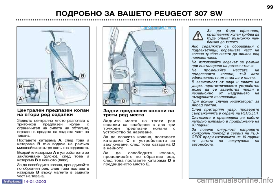 Peugeot 307 SW 2003 Ръководство за експлоатация (in Bulgarian) 14-04-2003
ПОДРОБНО ЗА ВАШЕТО PEUGEOT 307 SW99
Задни предпазни колани на
трети ред места
Задните места на трети ред
се Peugeot 307 SW 2003 Ръководство за експлоатация (in Bulgarian) 14-04-2003
ПОДРОБНО ЗА ВАШЕТО PEUGEOT 307 SW99
Задни предпазни колани на
трети ред места
Задните места на трети ред
се