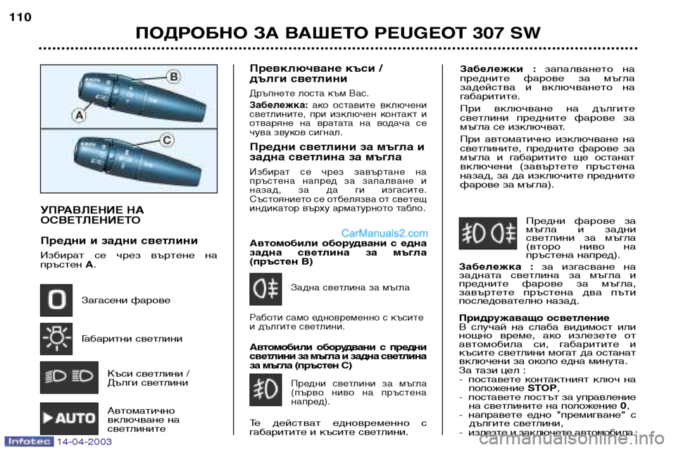 Peugeot 307 SW 2003 Ръководство за експлоатация (in Bulgarian) Забележки :запалването на
предните фарове за мъгла
задейства и включването на
габаритите.
При включван Peugeot 307 SW 2003 Ръководство за експлоатация (in Bulgarian) Забележки :запалването на
предните фарове за мъгла
задейства и включването на
габаритите.
При включван