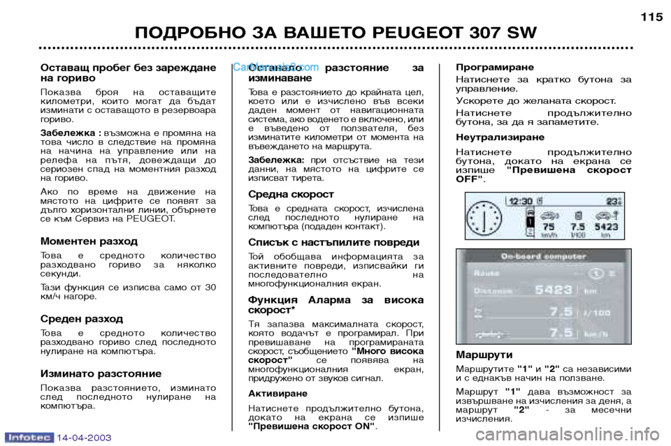 Peugeot 307 SW 2003 Ръководство за експлоатация (in Bulgarian) 14-04-2003
ПОДРОБНО ЗА ВАШЕТО PEUGEOT 307 SW115
Останало разстояние за изминаване
Това е разстоянието до крайната це Peugeot 307 SW 2003 Ръководство за експлоатация (in Bulgarian) 14-04-2003
ПОДРОБНО ЗА ВАШЕТО PEUGEOT 307 SW115
Останало разстояние за изминаване
Това е разстоянието до крайната це