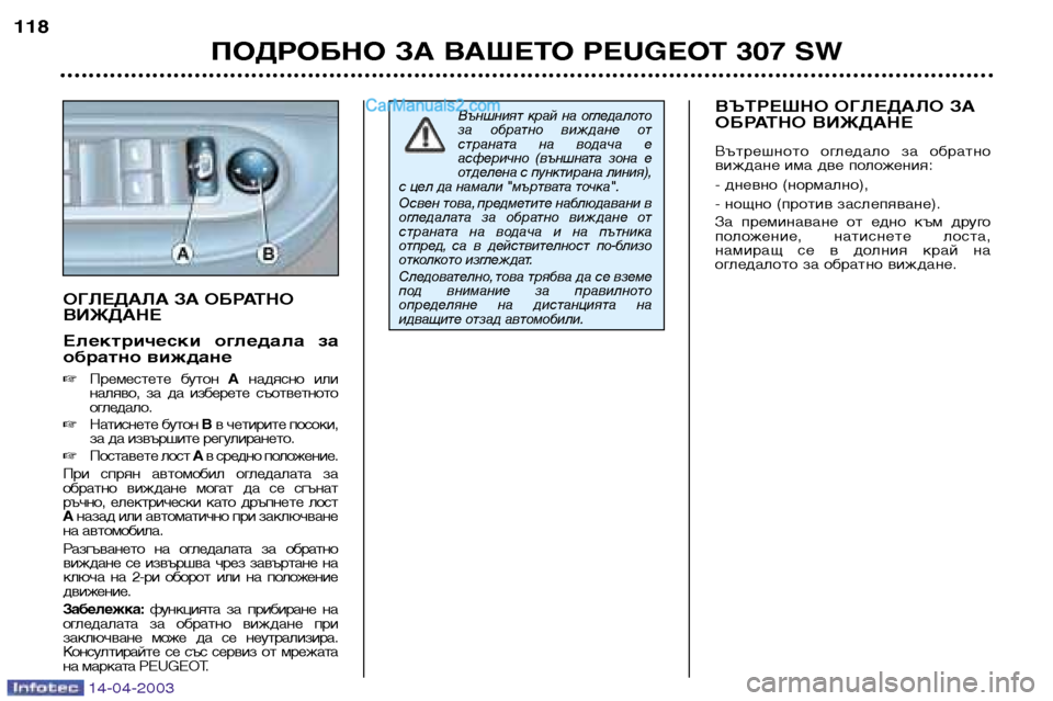 Peugeot 307 SW 2003 Ръководство за експлоатация (in Bulgarian) 14-04-2003
ПОДРОБНО ЗА ВАШЕТО PEUGEOT 307 SW
118
Външният край на огледалото
за обратно виждане от
страната на водача Peugeot 307 SW 2003 Ръководство за експлоатация (in Bulgarian) 14-04-2003
ПОДРОБНО ЗА ВАШЕТО PEUGEOT 307 SW
118
Външният край на огледалото
за обратно виждане от
страната на водача