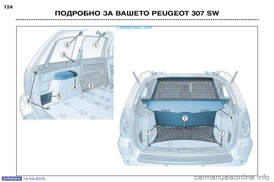 Peugeot 307 SW 2003  Ръководство за експлоатация (in Bulgarian) 14-04-2003
ПОДРОБНО ЗА ВАШЕТО PEUGEOT 307 SW
124   