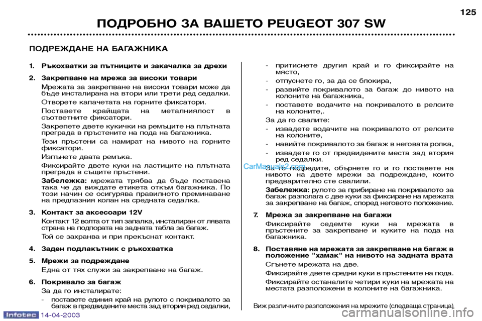 Peugeot 307 SW 2003  Ръководство за експлоатация (in Bulgarian) 14-04-2003
ПОДРОБНО ЗА ВАШЕТО PEUGEOT 307 SW125
ПОДРЕЖДАНЕ НА БАГАЖНИКА 
1. Ръкохватки за пътниците и закачалка за дрехи 
2. 