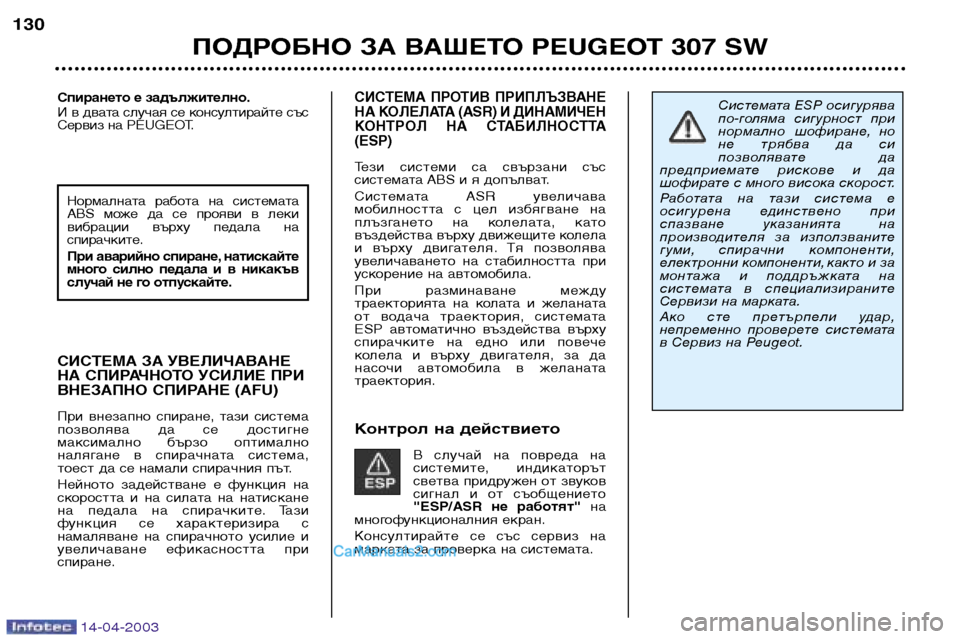 Peugeot 307 SW 2003  Ръководство за експлоатация (in Bulgarian) 14-04-2003
СИСТЕМА  ПРОТИВ  ПРИПЛЪЗВАНЕ 
НА КОЛЕЛАТА (ASR) И ДИНАМИЧЕН
КОНТРОЛ  НА  СТАБИЛНОСТТА(ESP)
Тези  системи  са  