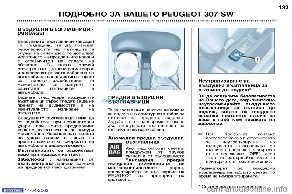 Peugeot 307 SW 2003 Ръководство за експлоатация (in Bulgarian) 14-04-2003
ВЪЗДУШНИ ВЪЗГЛАВНИЦИ -
(AIRBAGS)
Въздушните възглавници (airbags)
са създадени, за да повишат
безопасността Peugeot 307 SW 2003 Ръководство за експлоатация (in Bulgarian) 14-04-2003
ВЪЗДУШНИ ВЪЗГЛАВНИЦИ -
(AIRBAGS)
Въздушните възглавници (airbags)
са създадени, за да повишат
безопасността