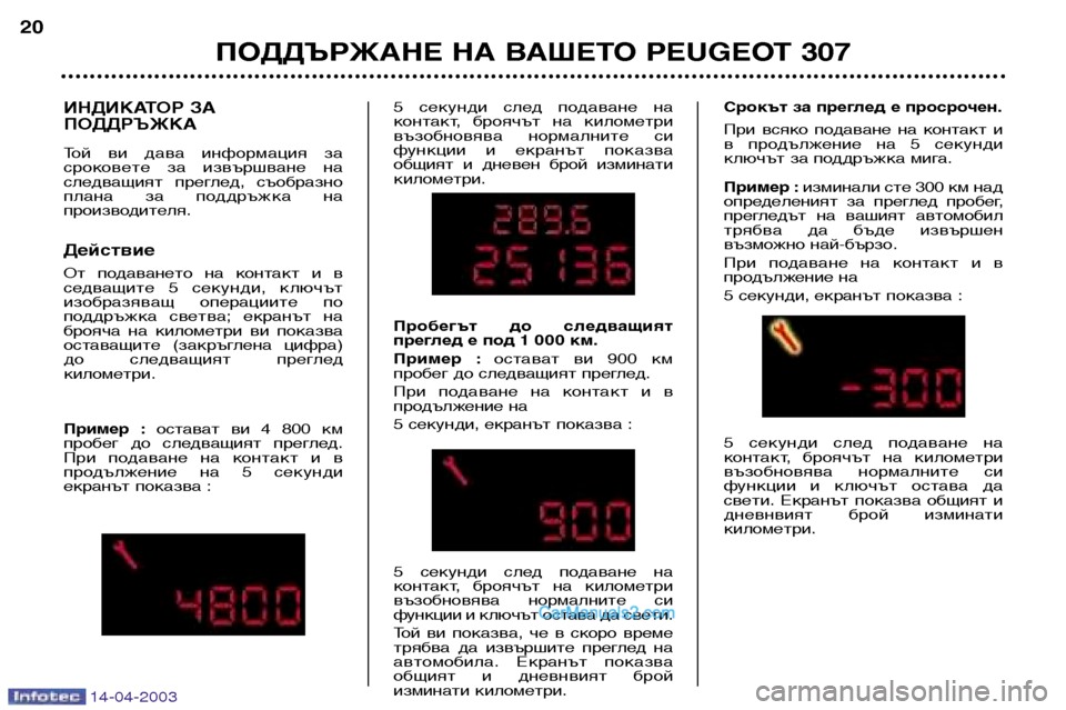 Peugeot 307 SW 2003 Ръководство за експлоатация (in Bulgarian) 14-04-2003
ПОДДЪРЖАНЕ НА ВАШЕТО PEUGEOT 307
20
ИНДИКАТОР ЗА ПОДДРЪЖКА
Той ви дава информация за
сроковете за извърш Peugeot 307 SW 2003 Ръководство за експлоатация (in Bulgarian) 14-04-2003
ПОДДЪРЖАНЕ НА ВАШЕТО PEUGEOT 307
20
ИНДИКАТОР ЗА ПОДДРЪЖКА
Той ви дава информация за
сроковете за извърш