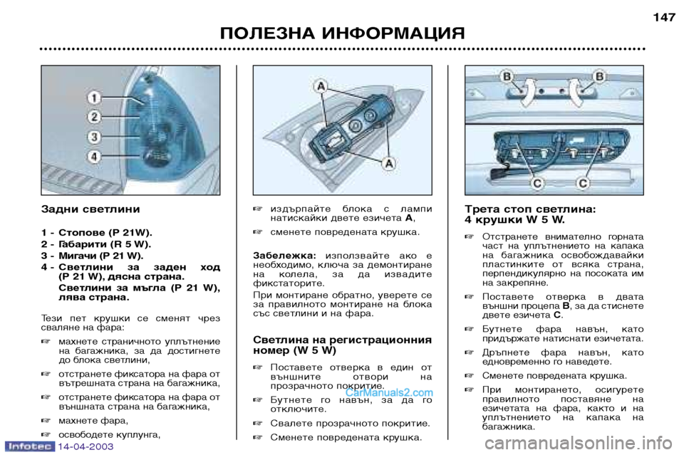 Peugeot 307 SW 2003 Ръководство за експлоатация (in Bulgarian) 14-04-2003
ПОЛЕЗНА ИНФОРМАЦИЯ147
Трета стоп светлина:
4 крушки W 5 W.
Отстранете внимателно горната
част на уплът Peugeot 307 SW 2003 Ръководство за експлоатация (in Bulgarian) 14-04-2003
ПОЛЕЗНА ИНФОРМАЦИЯ147
Трета стоп светлина:
4 крушки W 5 W.
Отстранете внимателно горната
част на уплът