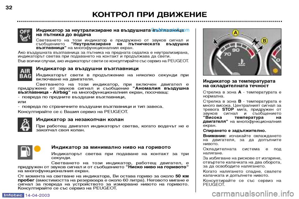 Peugeot 307 SW 2003 Ръководство за експлоатация (in Bulgarian) 14-04-2003
Индикатор за неутрализиране на въздушната възглавница
на пътника до водача
Светването на този инди Peugeot 307 SW 2003 Ръководство за експлоатация (in Bulgarian) 14-04-2003
Индикатор за неутрализиране на въздушната възглавница
на пътника до водача
Светването на този инди