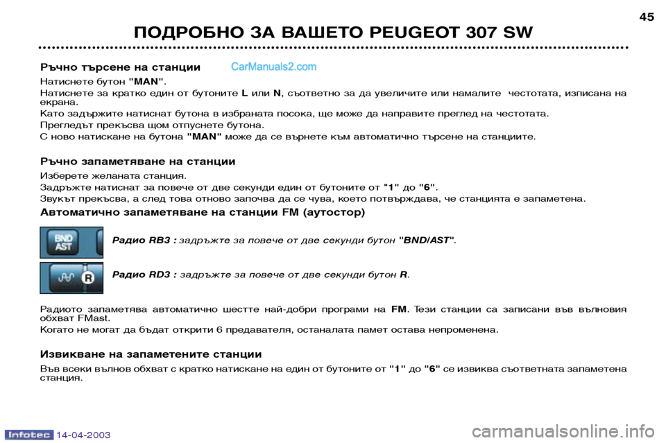 Peugeot 307 SW 2003 Ръководство за експлоатация (in Bulgarian) 14-04-2003
Ръчно търсене на станции
Натиснете бутон "MAN".
Натиснете за кратко един от бутоните Lили N, съответно Peugeot 307 SW 2003 Ръководство за експлоатация (in Bulgarian) 14-04-2003
Ръчно търсене на станции
Натиснете бутон "MAN".
Натиснете за кратко един от бутоните Lили N, съответно