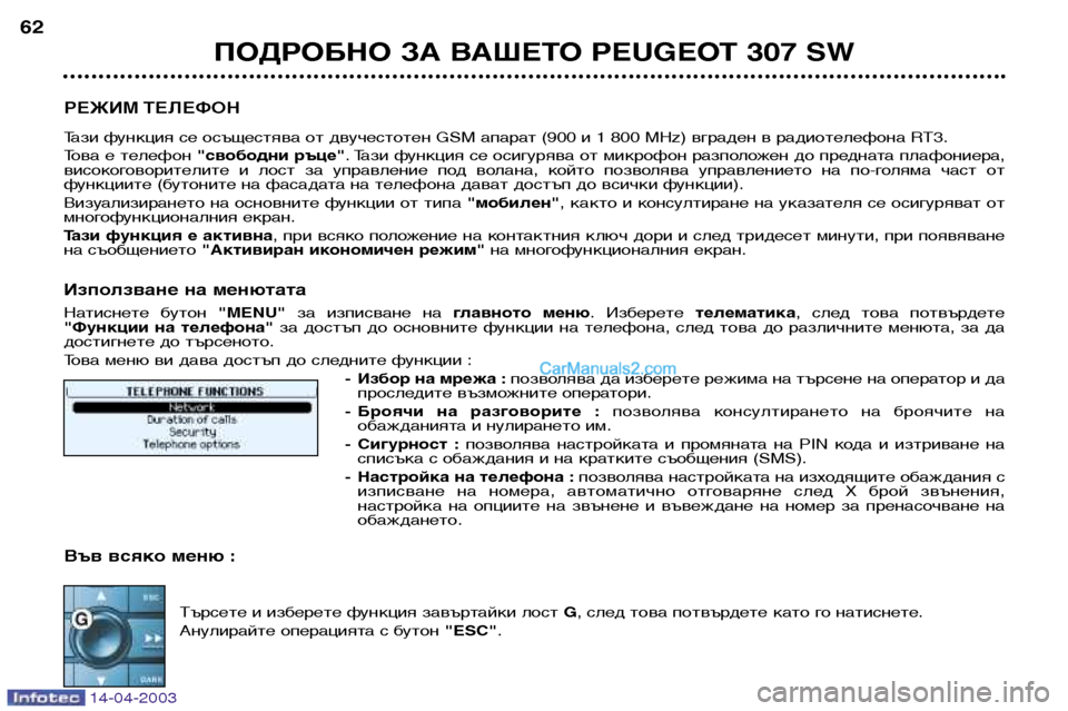 Peugeot 307 SW 2003 Ръководство за експлоатация (in Bulgarian) 14-04-2003
ПОДРОБНО ЗА ВАШЕТО PEUGEOT 307 SW
62
РЕЖИМ ТЕЛЕФОН
Тази функция се осъщестява от двучестотен GSM апарат (900 и 1 800 Peugeot 307 SW 2003 Ръководство за експлоатация (in Bulgarian) 14-04-2003
ПОДРОБНО ЗА ВАШЕТО PEUGEOT 307 SW
62
РЕЖИМ ТЕЛЕФОН
Тази функция се осъщестява от двучестотен GSM апарат (900 и 1 800