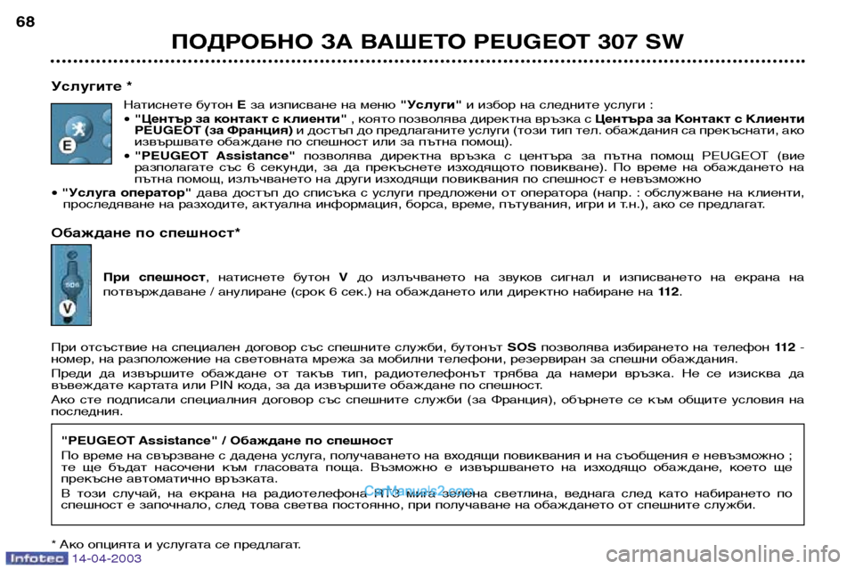 Peugeot 307 SW 2003 Ръководство за експлоатация (in Bulgarian) 14-04-2003
ПОДРОБНО ЗА ВАШЕТО PEUGEOT 307 SW
68
Услугите * Натиснете бутон Eза изписване на меню "Услуги"и избор на следнит Peugeot 307 SW 2003 Ръководство за експлоатация (in Bulgarian) 14-04-2003
ПОДРОБНО ЗА ВАШЕТО PEUGEOT 307 SW
68
Услугите * Натиснете бутон Eза изписване на меню "Услуги"и избор на следнит