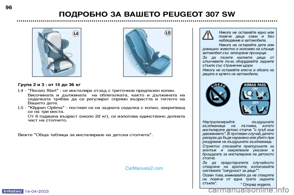 Peugeot 307 SW 2003 Ръководство за експлоатация (in Bulgarian) 14-04-2003
ПОДРОБНО ЗА ВАШЕТО PEUGEOT 307 SW
96
Никога не оставяйте едно или
повече деца сами и без
наблюдение в авто Peugeot 307 SW 2003 Ръководство за експлоатация (in Bulgarian) 14-04-2003
ПОДРОБНО ЗА ВАШЕТО PEUGEOT 307 SW
96
Никога не оставяйте едно или
повече деца сами и без
наблюдение в авто