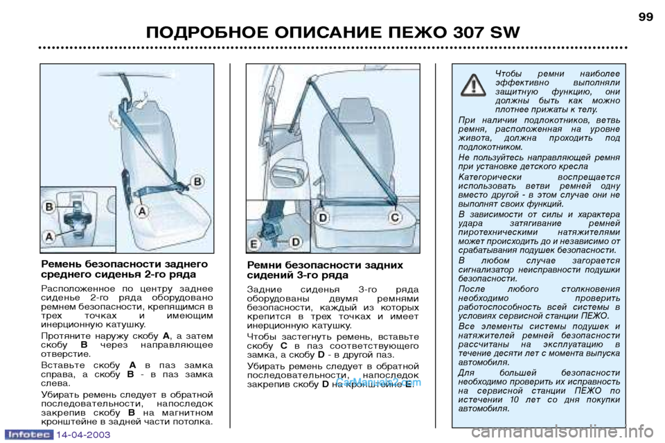Peugeot 307 SW 2003  Инструкция по эксплуатации (in Russian) 14-04-2003
ПОДРОБНОЕ ОПИСАНИЕ ПЕЖО 307 SW99
Ремни безопасности задних 
сидений 3-го ряда 
Задние  сиденья  3-го  ряда 
об