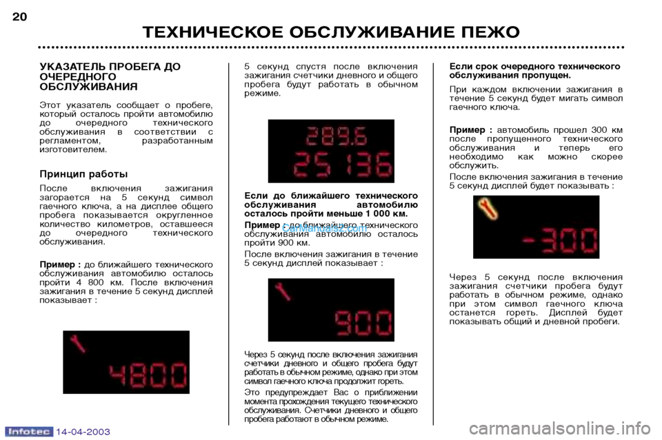 Peugeot 307 SW 2003 Инструкция по эксплуатации (in Russian) 14-04-2003
ТЕХНИЧЕСКОЕ ОБСЛУЖИВАНИЕ ПЕЖО
20
УКАЗАТЕЛЬ ПРОБЕГА ДО
ОЧЕРЕДНОГО
ОБСЛУЖИВАНИЯ
Этот указатель сообща Peugeot 307 SW 2003 Инструкция по эксплуатации (in Russian) 14-04-2003
ТЕХНИЧЕСКОЕ ОБСЛУЖИВАНИЕ ПЕЖО
20
УКАЗАТЕЛЬ ПРОБЕГА ДО
ОЧЕРЕДНОГО
ОБСЛУЖИВАНИЯ
Этот указатель сообща