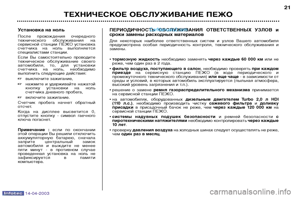 Peugeot 307 SW 2003 Инструкция по эксплуатации (in Russian) 14-04-2003
Установка на ноль
После прохождения очередного
технического обслуживания на
сервисной станции ПЕ Peugeot 307 SW 2003 Инструкция по эксплуатации (in Russian) 14-04-2003
Установка на ноль
После прохождения очередного
технического обслуживания на
сервисной станции ПЕ