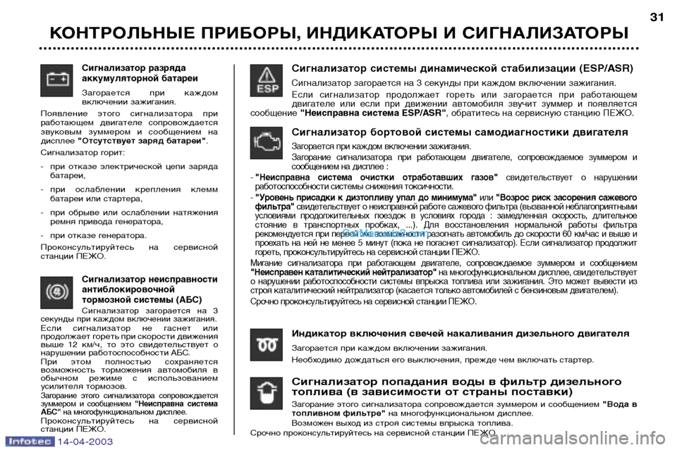 Peugeot 307 SW 2003  Инструкция по эксплуатации (in Russian) 14-04-2003
Сигнализатор разряда 
аккумуляторной батареи
Загорается  при  каждом 
включении зажигания.
Появление  