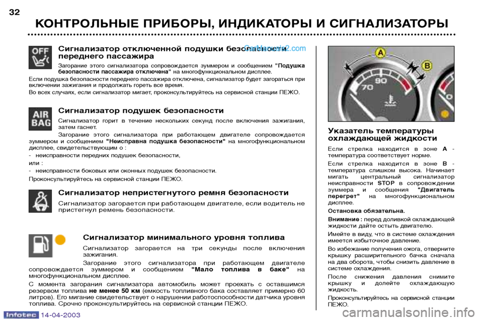 Peugeot 307 SW 2003  Инструкция по эксплуатации (in Russian) 14-04-2003
Сигнализатор отключенной подушки безопасности 
переднего пассажира
Загорание  этого  сигнализатора  с