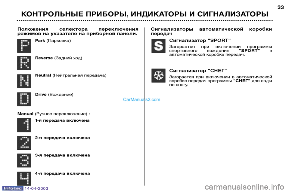 Peugeot 307 SW 2003  Инструкция по эксплуатации (in Russian) Сигнализатор "SPORT" 
Загорается  при  включении  программы 
спортивного  вождения "SPORT"в
автоматической коробке 