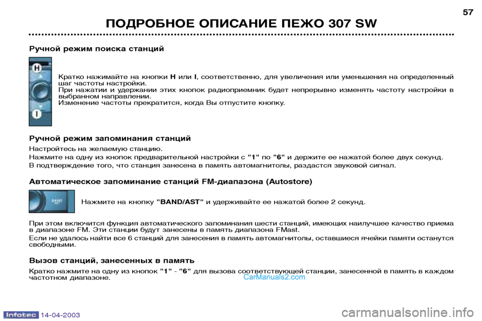 Peugeot 307 SW 2003  Инструкция по эксплуатации (in Russian) 14-04-2003
ПОДРОБНОЕ ОПИСАНИЕ ПЕЖО 307 SW57
Ручной режим поиска станций Кратко  нажимайте  на  кнопки  H или I,  соответс