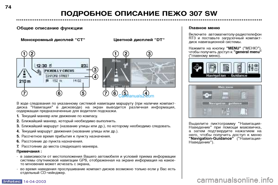 Peugeot 307 SW 2003 Инструкция по эксплуатации (in Russian) 14-04-2003
ПОДРОБНОЕ ОПИСАНИЕ ПЕЖО 307 SW
74
Выделите пиктограмму "Навигация-
Наведение" при помощи маховичка,
а з Peugeot 307 SW 2003 Инструкция по эксплуатации (in Russian) 14-04-2003
ПОДРОБНОЕ ОПИСАНИЕ ПЕЖО 307 SW
74
Выделите пиктограмму "Навигация-
Наведение" при помощи маховичка,
а з