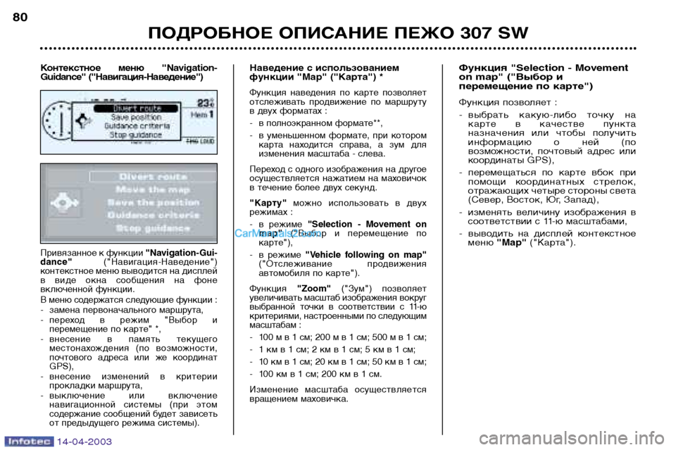 Peugeot 307 SW 2003  Инструкция по эксплуатации (in Russian) 14-04-2003
Привязанное к функции "Navigation-Gui-
dance" ("Навигация-Наведение")
контекстное меню выводится на дисплей 
в  вид