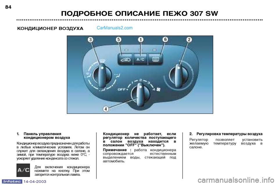 Peugeot 307 SW 2003  Инструкция по эксплуатации (in Russian) 14-04-2003
ПОДРОБНОЕ ОПИСАНИЕ ПЕЖО 307 SW
84
КОНДИЦИОНЕР ВОЗДУХА
1. Панель управлениякондиционером воздуха 
Кондицио