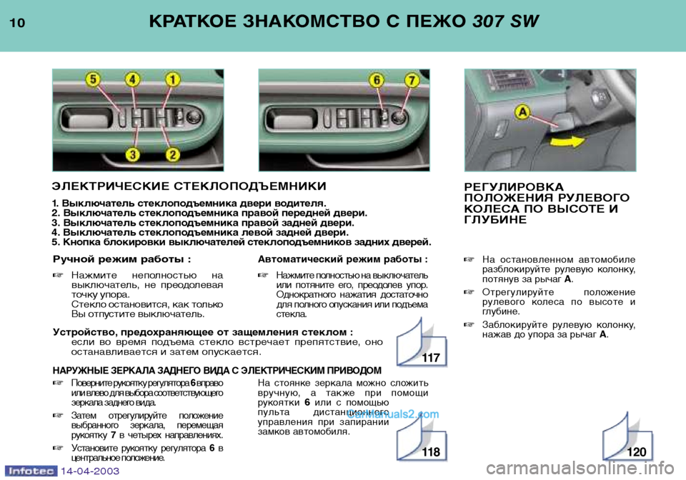 Peugeot 307 SW 2003 Инструкция по эксплуатации (in Russian) 14-04-2003
Устройство, предохраняющее от защемления стеклом :если во время подъема стекло встречает препятств Peugeot 307 SW 2003 Инструкция по эксплуатации (in Russian) 14-04-2003
Устройство, предохраняющее от защемления стеклом :если во время подъема стекло встречает препятств